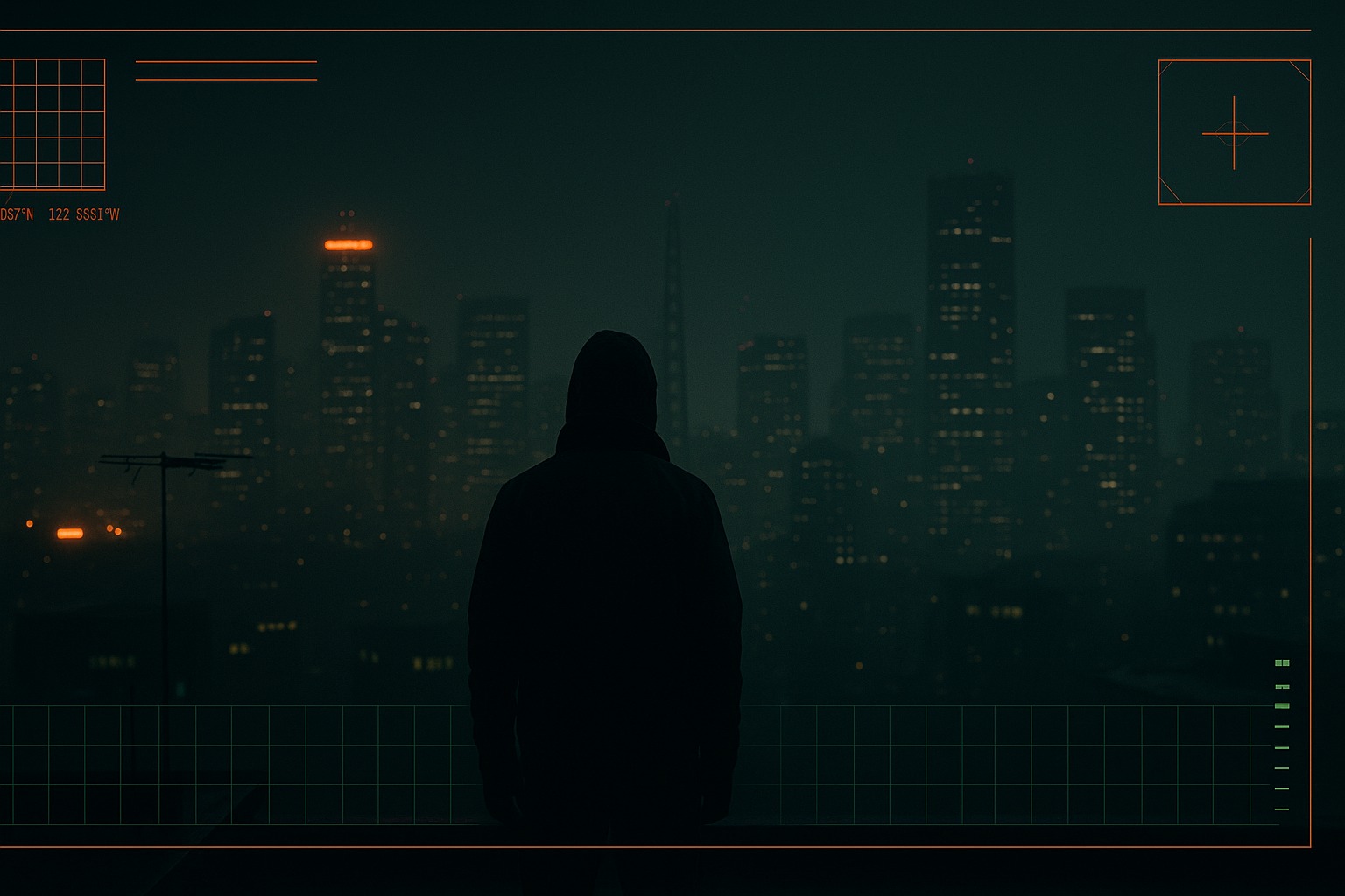 Dark city skyline with a technical interface overlay